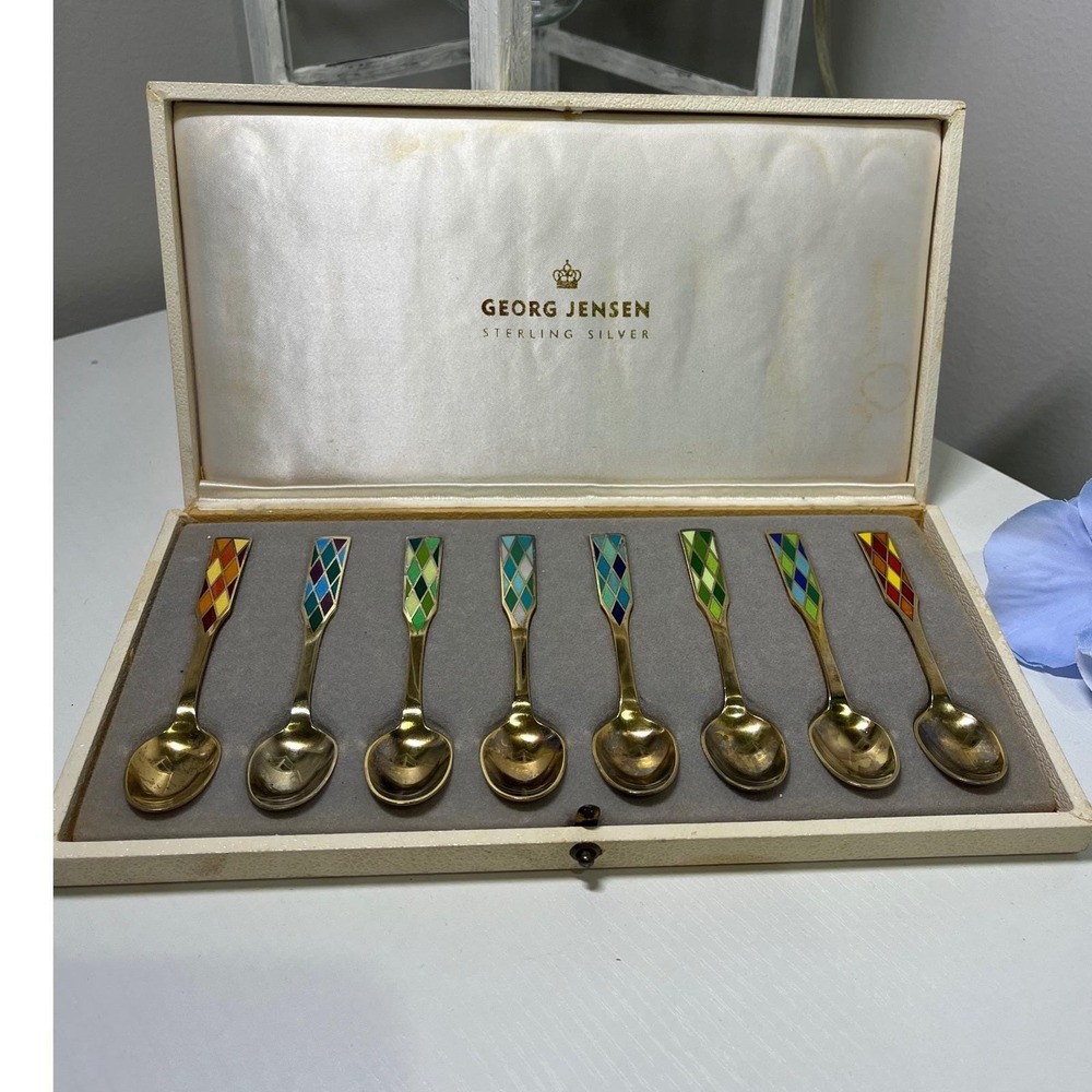 Georg Jensen Sterling Silver Harlequin Enamel Demitasse Spoons Set of 8‎ Denmark